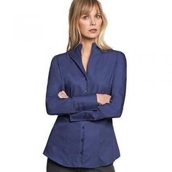 Blusa Clásica de Mujer SEIDENSTICKER, 100% Algodón, Slim Fit, Sin Cuello, Manga Larga, Color Azul Oscuro, Talla XXS32