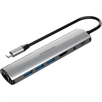 Docking Station Mediacom MD-C313 USB-C con Hub 3 Puertos USB 3.0, Red Gigabit, Salida HDMI y Entrada para Carga en Aluminio