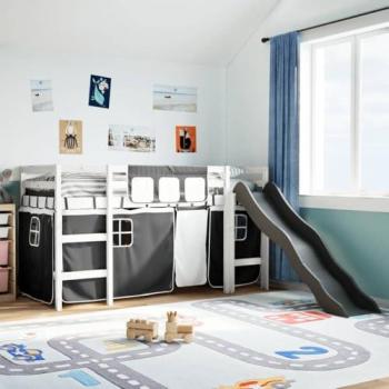 Cama alta para niños con cortinas de madera de pino en color blanco y negro, tamaño 90x200 cm