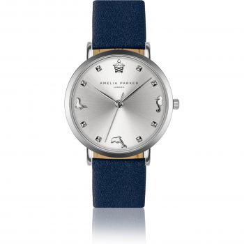 Amelia Parker Charm Dark Blue Leather Watch for Women - Silver - 36 mm