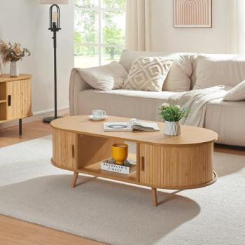 Mesa de centro Nordkapp con estantes de MDF y bambú, 120x55x40cm - Natural