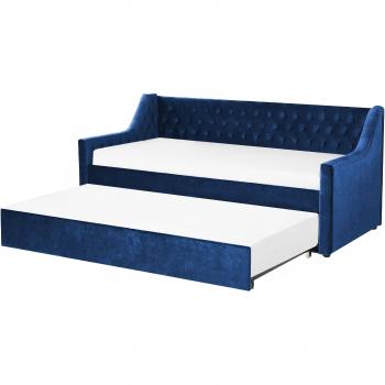 Sofá cama Beliani en tejido azul 90x200 cm y Cama con somier de terciopelo azul marino 90 x 200 cm con botones Montargis
