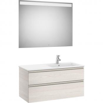 Conjunto de mueble de baño doble The Gap Roca con 2 cajones, lavabo a la derecha y espejo con luz LED, color Fresno nórdico
