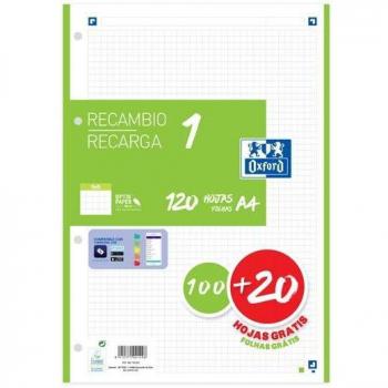 Oxford Recambio Color A4 120 Hojas (100+20 Gratis) Cuadriculado 5mm 90g/m² con 4 Taladros Banda Color Verde Pistacho
