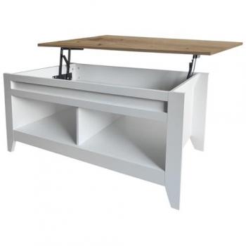 Mesa Centro Elevable con Almacenaje y Estantes, Combinado Blanco y Madera, 100x50x46 cm