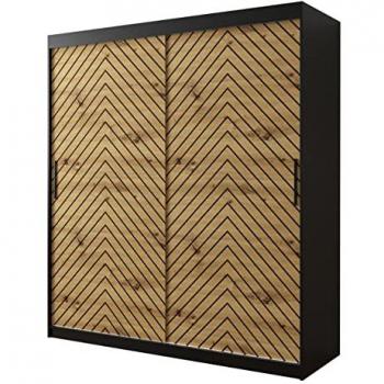 Armario Corredero Hartford 312, Negro y Roble Artisan, 180x200x62cm, 9 Estantes