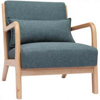 Sillón nórdico de tejido verde grisáceo y madera clara maciza DERRY