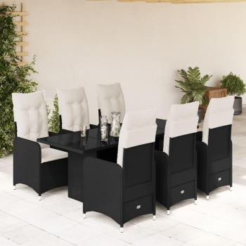 7-Piece Black Poly Rattan Garden Bistro Set with Cushions