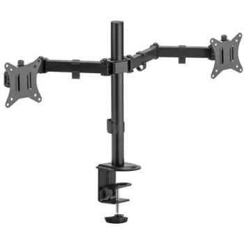 Soporte ajustable TM Electron para 2 monitores de 17 a 32, VESA hasta 100x100, capacidad de carga hasta 9kg, incluye guía para cables, y permite orientación vertical y horizontal