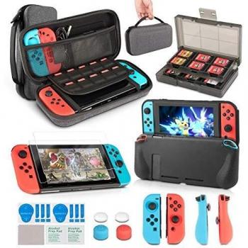 innoAura 11 en 1 Kit accesorios para Nintendo Switch, con funda de transporte, Estuche De Juegos, funda de TPU, fundas para controles Joy Con, tapas para Joystick y protector de pantalla