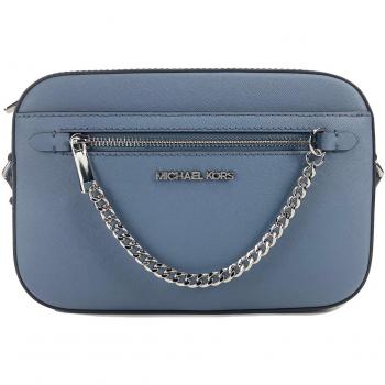 Jet Set East West Large Denim Leather Zip Chain Crossbody Bag