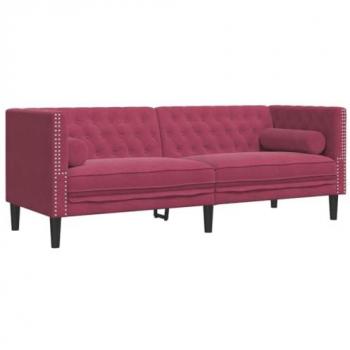 Sofá Chesterfield 3 plazas con cojines terciopelo rojo tinto, sofá de salón, sofá tapizado, sofá para 3 personas
