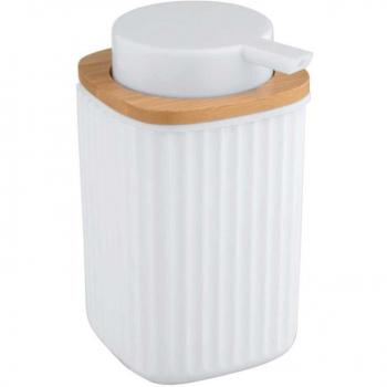 Dosificador de Jabón Blanco Rotello con Detalles de Bambú, Recargable, 250 ml, Apto para Lavavajillas, 8.9 x 12.7 x 7.5 cm