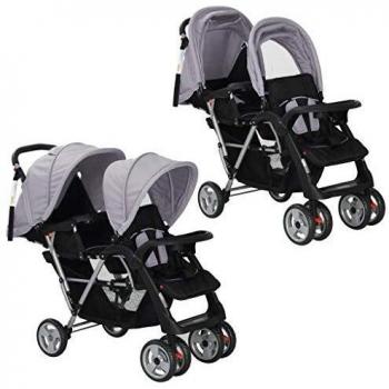 vidaXL Carrito Doble 2 Bebés Acero Tela Gris Negro Cochecito Gemelos Mellizos
