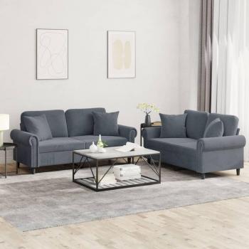 Conjunto de sofá de 2 piezas con almohadas de terciopelo gris oscuro
