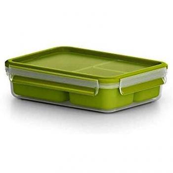 Emsa Clip&Go Snack - Recipiente hermético de plástico con 3 compartimentos y bandeja independiente para comer, totalmente hermético y libre de BPA, 1,20 L, rectangular