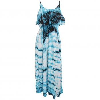 Vestido Maxi de Verano para Damas en Tonos Azules con Estampado Tie Dye Mediano Azul/Negro