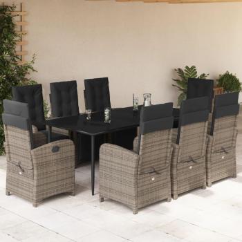 9-Piece Grey Poly Rattan Garden Dining Set with Cushions