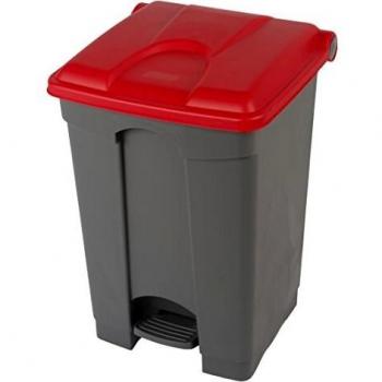 Contenedor de residuos con pedal, capacidad 45 litros, dimensiones 410 x 600 x 400 mm, color gris con tapa roja