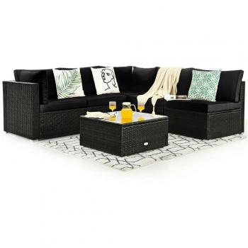 Black 6-Piece Cushioned Rattan Patio Furniture Set with Glass Table