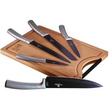 Juego de 5 Cuchillos de Cocina Profesional Berlinger Haus Moonlight con Tabla de Cortar de Bambú, Hoja de Acero Inoxidable con Recubrimiento Antiadherente, Incluye Cuchillo Cocinero,