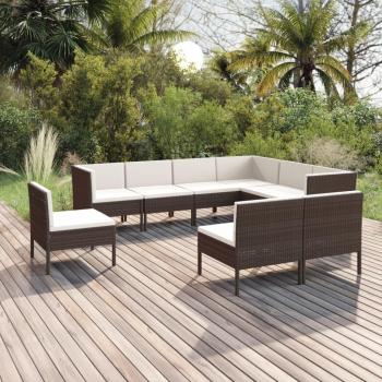 9-Piece Brown Poly Rattan Garden Lounge Set with Cushions