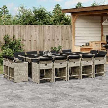 Set de comedor de jardín 15 piezas con cojines de Polyrattan gris claro