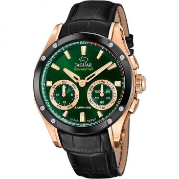 Reloj Jaguar Connected J959/2 para Hombre, Caja de Acero Inoxidable 316L Rosa, Correa de Piel Negra, Esfera Verde