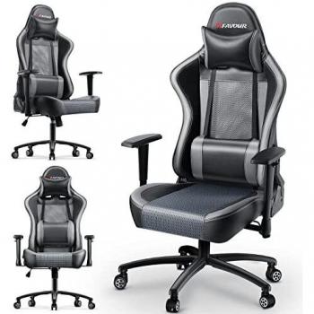 mfavour Silla Gaming Transpirable, Sillas Gamer, Sillas para Gaming con Reposacabezas y Almohada Lumbar, Silla de Juego con Reposabrazos Ajustables, Inclinación del Respaldo 165 °, Gris