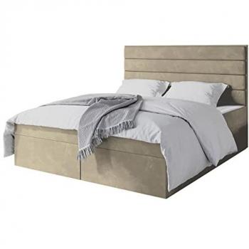Cama Continental Doble Manila 02 con Somier y Cajones, 160x200 cm, Tapiz Marrón Claro, Incluye Colchón y Topper