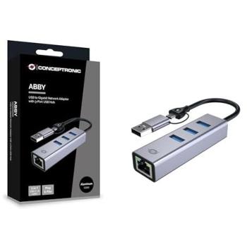 Adaptador USB-C a Ethernet Gigabit y Hub USB 3.2 con 3 Puertos Type-A y Type-C - Conceptronic ABBY25G Gris