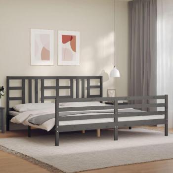 Cama de matrimonio de madera maciza gris con cabecero, tamaño 200x200 cm