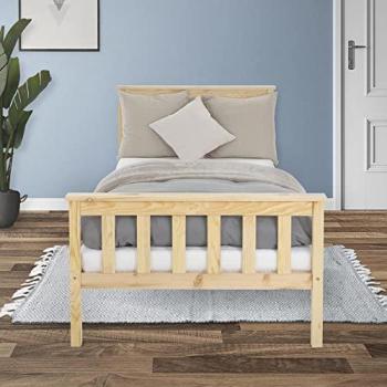 Cama Infantil 90x200 cm de Madera de Pino Natural con Somier y Cabecero Robusto