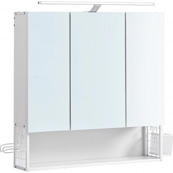 Armario de Baño con Espejo y Luz LED, 3 Puertas, Blanco Nube, Gran Espacio de Almacenaje y Soporte para Secador de Pelo