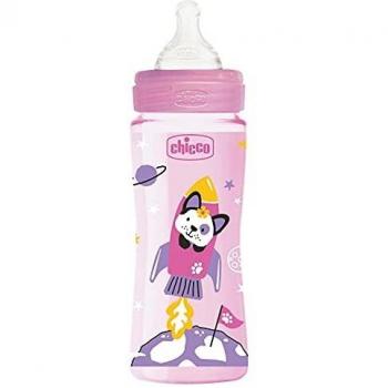 Chicco WELL-BEING Biberón Anticólicos de Flujo Rápido, Biberón 4+ Meses con Tetina Physio de Silicona Suave y Acabado Soft Sense, Biberón de Plástico de 330 ml, Rosa