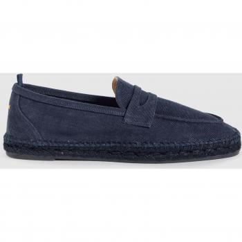 Alpargata plana de hombre Nacho en algodón orgánico azul y silueta de mocasín, hecha a mano con entresuela de yute tintada