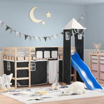 Cama alta infantil con torre de madera de pino en color blanco y negro, dimensiones 80x200 cm