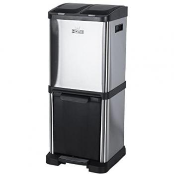 Cubo de Reciclaje Ecológico WellHome 32L con 3 Compartimentos (2x8L + 1x16L) para Papel/Vidrio/Plástico, Acero Inoxidable, ideal para Hogar