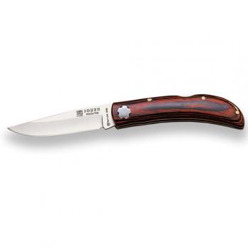 Navaja deportiva Joker Pointer NR67 con cachas de madera roja, hoja MOVA de 8 cm y múltiples usos para pesca, caza, camping y senderismo