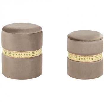 Conjunto de 2 pufs de terciopelo color crema y gris pardo con bandas de ratán, estilo moderno boho, con almacenamiento interno