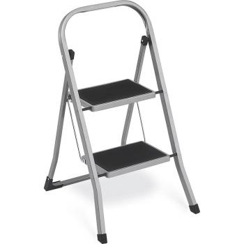 Escalera de Tijera Plegable de 2 Peldaños, Gris Paloma, Dimensiones 55 x 45,5 x 82 cm, Bloqueo de Seguridad, Fácil de Guardar, Carga hasta 150