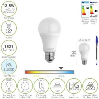 Bombilla LED Estandar Rosca E27 13,5W 100W Equivalente 1521 Lúmenes Luz Fría 6500K