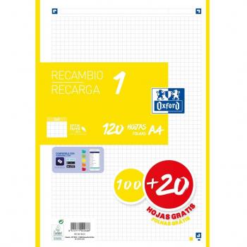 Oxford Recambio de Hojas A4 120 Hojas (100+20 Gratis) Cuadrícula 5x5 90g/m² Amarillo con Banda Color Lima 4 Taladros