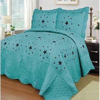 Mk Collection Turquise 3 Pc Bedspread Coverlet Embroiderey Western Lone Star Quilt Set