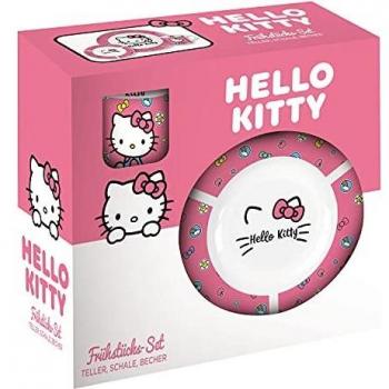 POS 33702 Set de desayuno con diseño de Hello Kitty, 3 piezas para niños, de cerámica, compuesto de plato, cuenco y taza, apto para lavavajillas