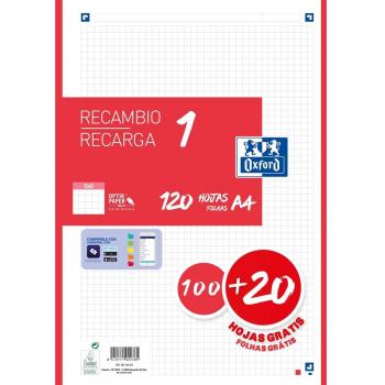 OXFORD Recambio A4 120 Hojas (100+20 Gratis) Cuadrícula 5x5 90g/m² con Banda de Color Rojo y 4 Taladros - Referencia 400158162