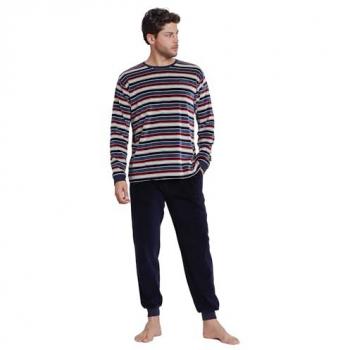 Pijama de Hombre Largo Admas Magnific Stripes de Terciopelo Azul Marino con Manga Larga y Cinturilla Ajustable