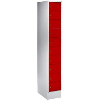 Armario de Compartimentos Pequeños Wolf 10 Scompartimentos, Acero, Puerta Derecha, Cerradura Cilíndrica, Gris Claro RAL 7035/Rojo Fuego RAL 3000, Dimensiones