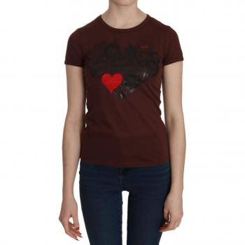 Brown Heart Print Crew Neck Short Sleeve T-shirt Blouse