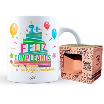 Mr Cool Taza 33 Cl en Caja Regalo con Mensaje 1+ Feliz Cumpleaños Que Tus Deseos se Hagan Realidad…, Cerámica,, 15x10x5 cm